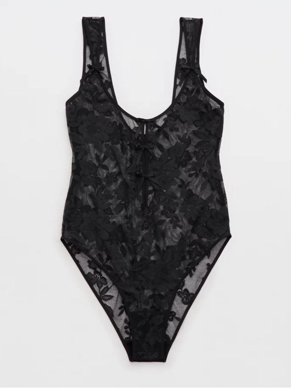 Aerie Show Off Feeling Femme Black Lace Sheer Floral Bow Bodysuit Size XL